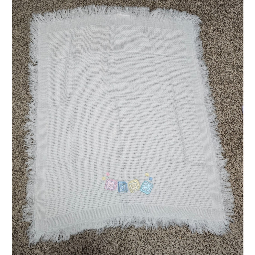 Vintage Baby Blanket 36x44 White Jacquard Woven Embroidery Magic Pastel Blocks